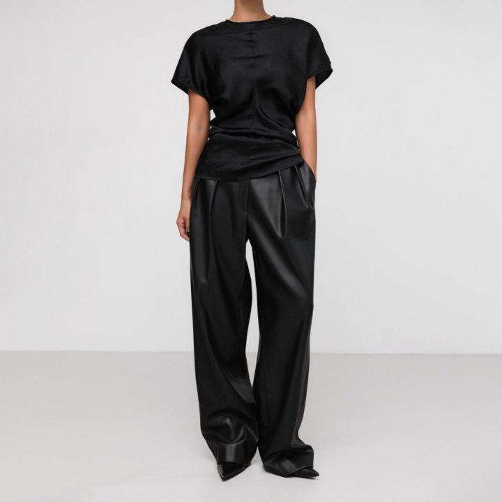 Paper Moon - Korean Women Fashion - #womensfashion - Leather Low Waisted Double Pleats Wide Trousers - 3