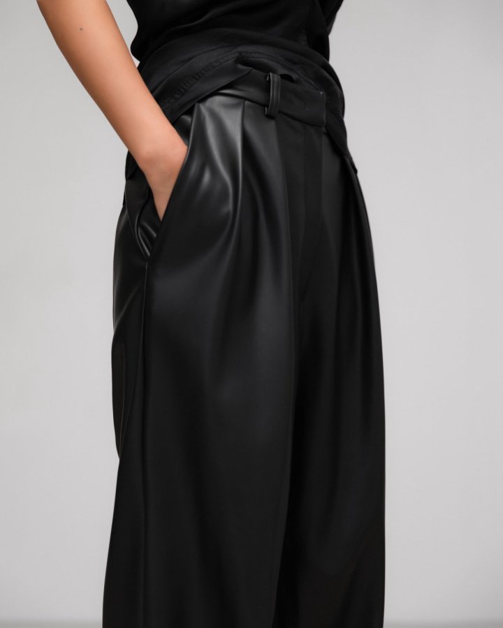Paper Moon - Korean Women Fashion - #womensfashion - Leather Low Waisted Double Pleats Wide Trousers - 5