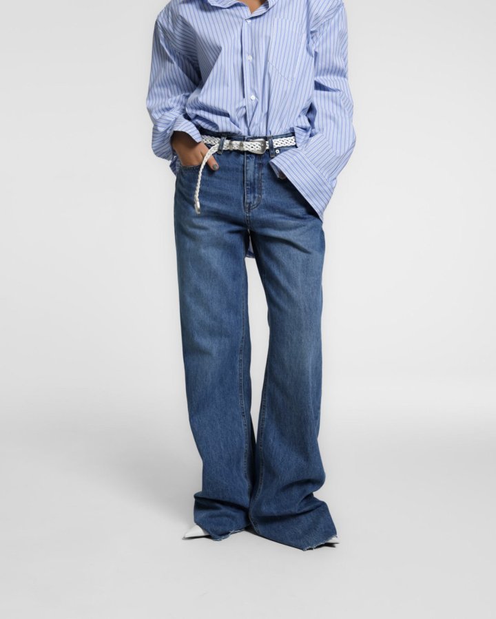 Paper Moon - Korean Women Fashion - #womensfashion - Classic Raw Cut Wide Fit Mid Blue Jeans