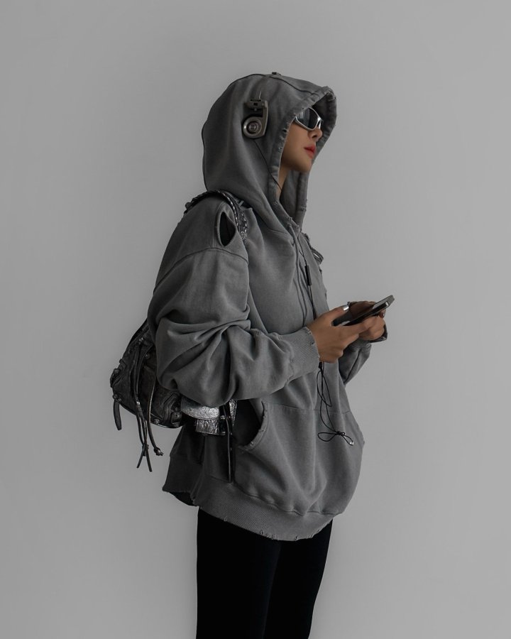 Paper Moon - Korean Women Fashion - #womensfashion - Oversized Pigment Cutted Detail Hoodie - 2