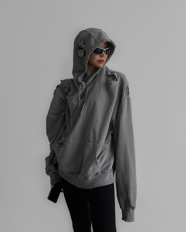 Paper Moon - Korean Women Fashion - #momslook - Oversized Pigment Cutted Detail Hoodie - 4