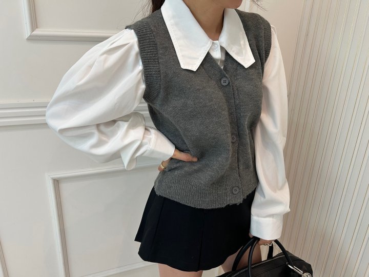 Pearls room - Korean Women Fashion - #momslook - Shirt Knit Vest (attached) - 6