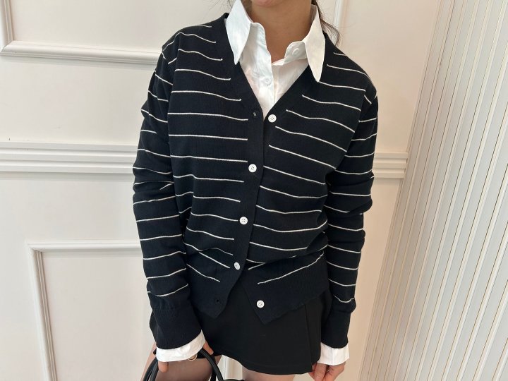 Pearls room - Korean Women Fashion - #momslook - Stripe V Cardigan - 10