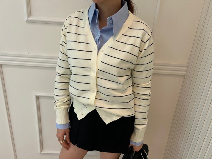 Pearls room - Korean Women Fashion - #momslook - Stripe V Cardigan - 3