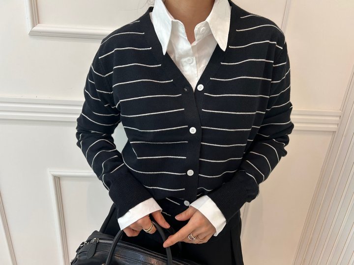 Pearls room - Korean Women Fashion - #momslook - Stripe V Cardigan - 7