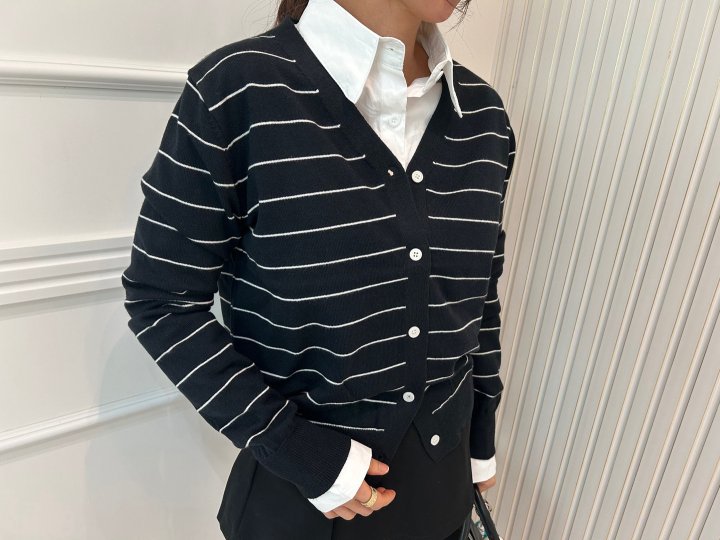 Pearls room - Korean Women Fashion - #momslook - Stripe V Cardigan - 9