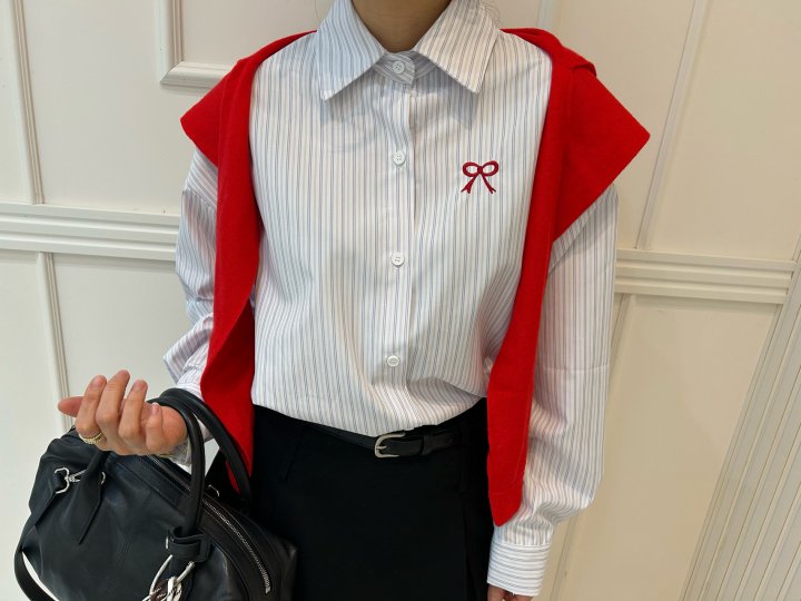 Pearls room - Korean Women Fashion - #momslook - Ribbon Stripe Shirt - 2