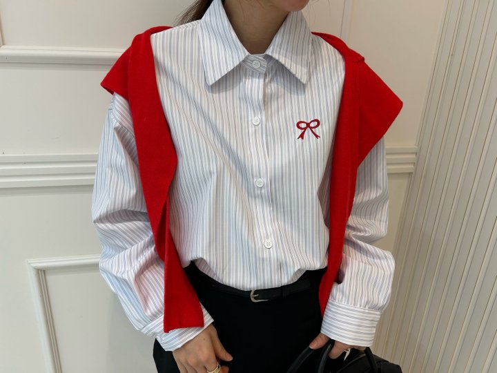 Pearls room - Korean Women Fashion - #momslook - Ribbon Stripe Shirt - 6
