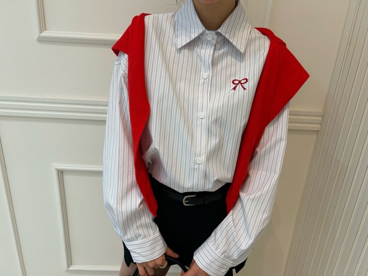 Pearls room - Korean Women Fashion - #vintageinspired - Ribbon Stripe Shirt - 8