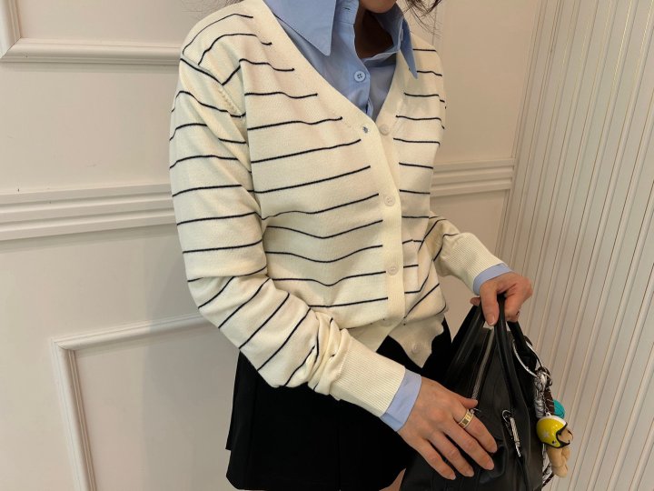 Pearls room - Korean Women Fashion - #womensfashion - Stripe V Cardigan - 2