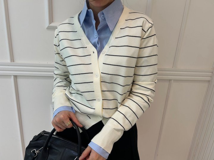 Pearls room - Korean Women Fashion - #momslook - Stripe V Cardigan - 4