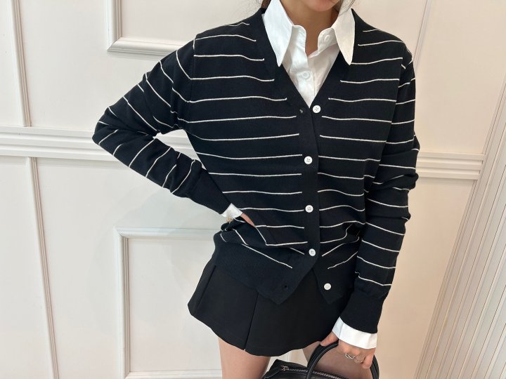 Pearls room - Korean Women Fashion - #womensfashion - Stripe V Cardigan - 6
