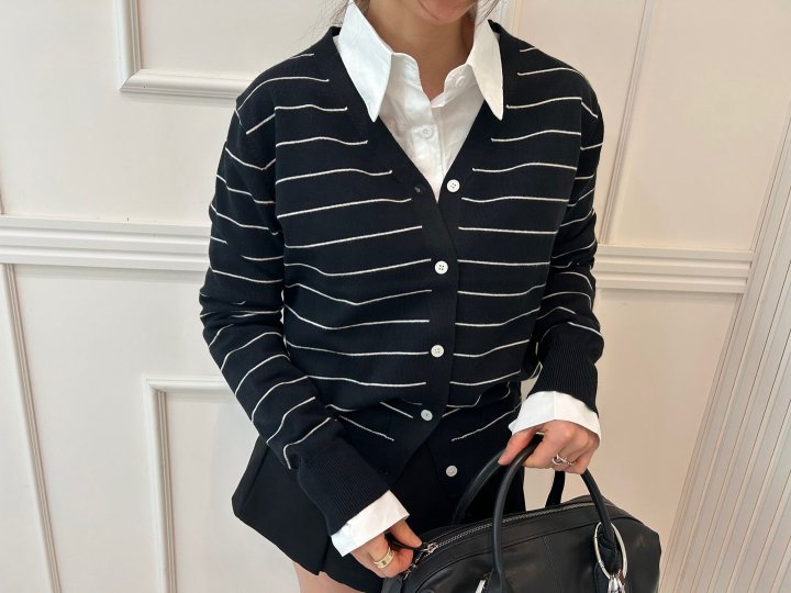 Pearls room - Korean Women Fashion - #womensfashion - Stripe V Cardigan - 8