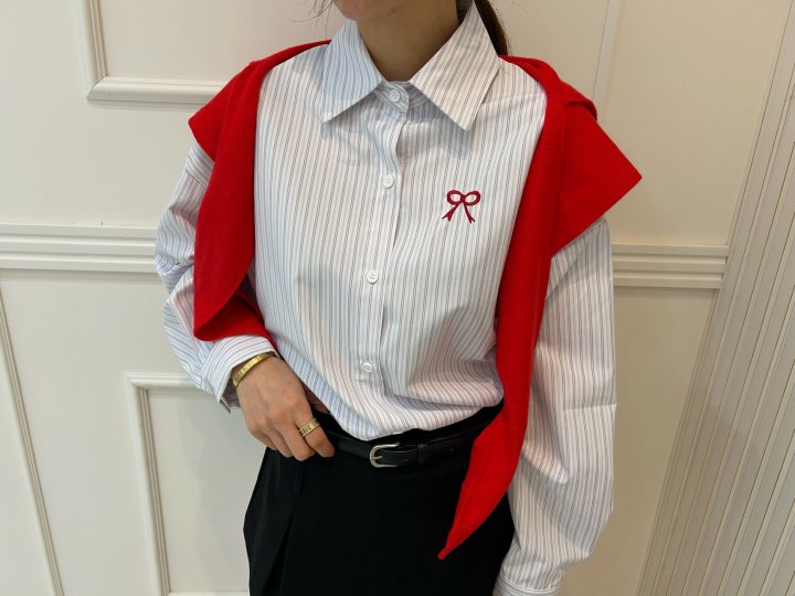 Pearls room - Korean Women Fashion - #womensfashion - Ribbon Stripe Shirt