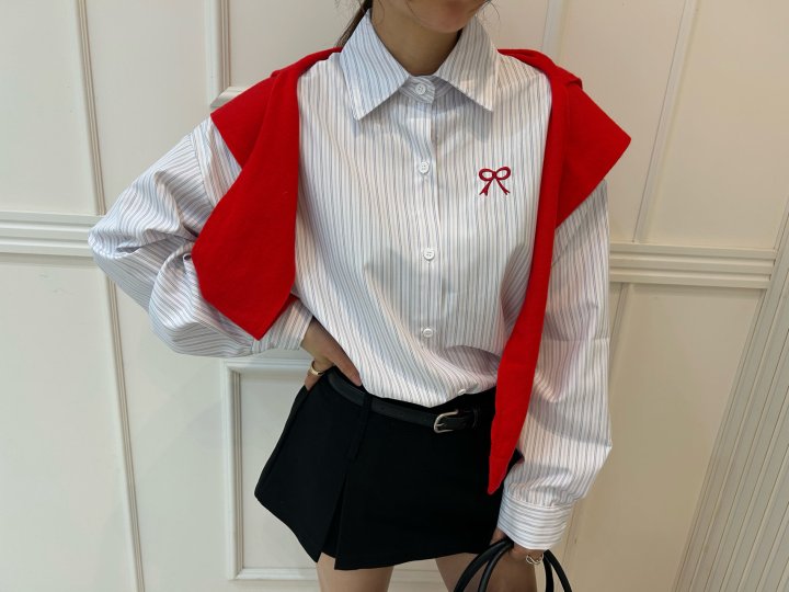 Pearls room - Korean Women Fashion - #womensfashion - Ribbon Stripe Shirt - 3