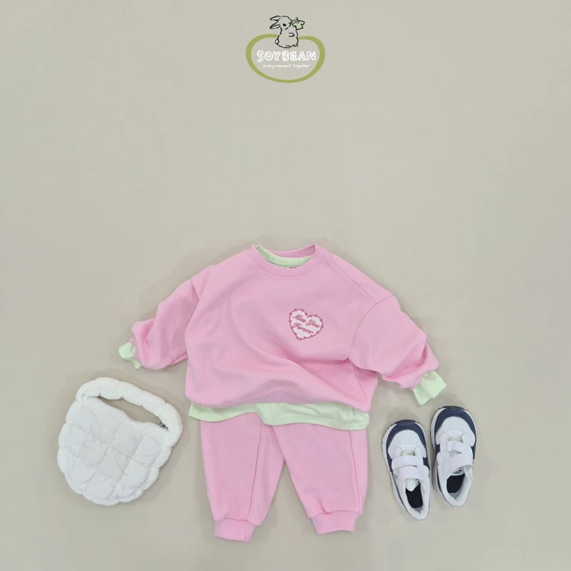 Soybean - Korean Children Fashion - #magicofchildhood - Heart Embroidery Top Bottom Set - 3
