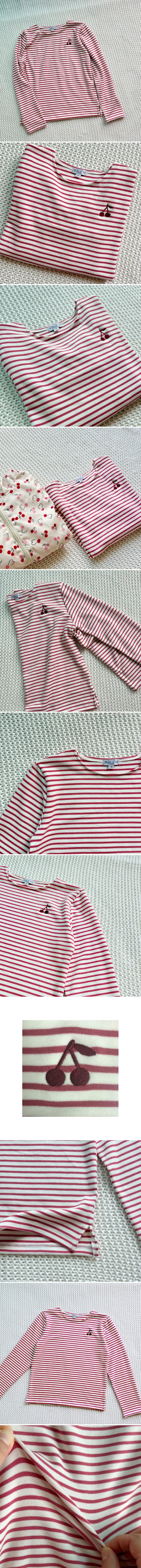T.j - Korean Children Fashion - #discoveringself - Cherry Embroidered Stripe Tee