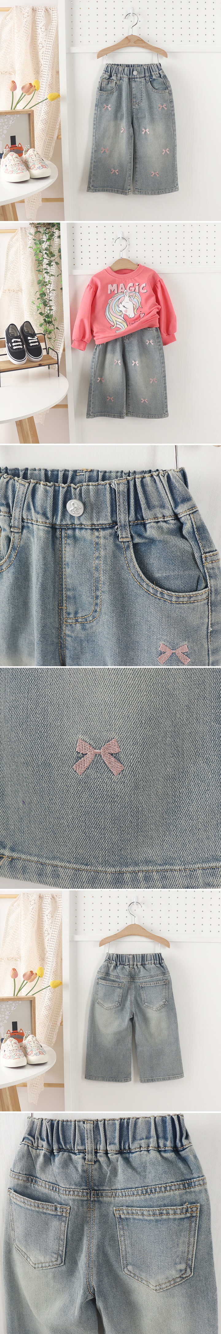 Tony - Korean Children Fashion - #minifashionista - Embroidery Ribbon Denim Pants