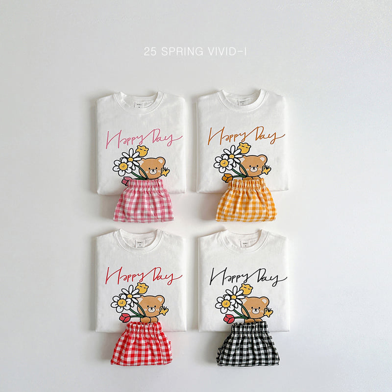 Vivid I - Korean Children Fashion - #designkidswear - Flower Bear Check Top Bottom Set