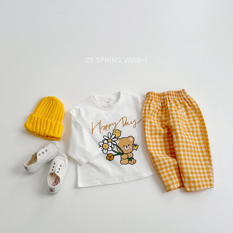Vivid I - Korean Children Fashion - #fashionkids - Flower Bear Check Top Bottom Set - 4