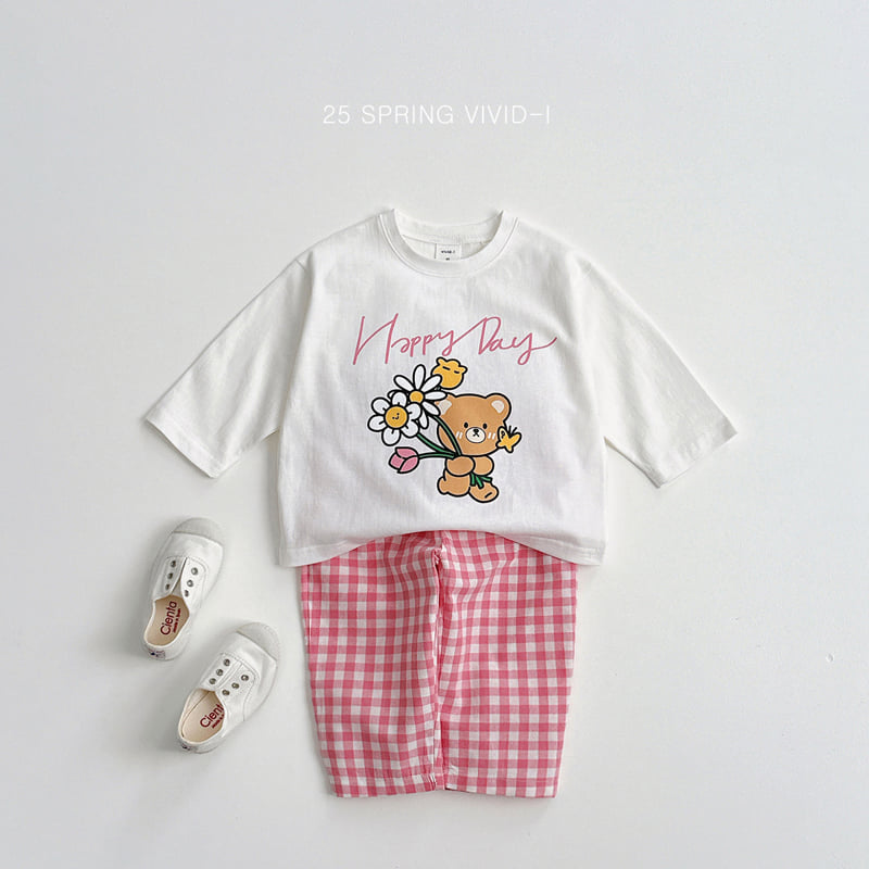 Vivid I - Korean Children Fashion - #kidsstore - Flower Bear Check Top Bottom Set - 5
