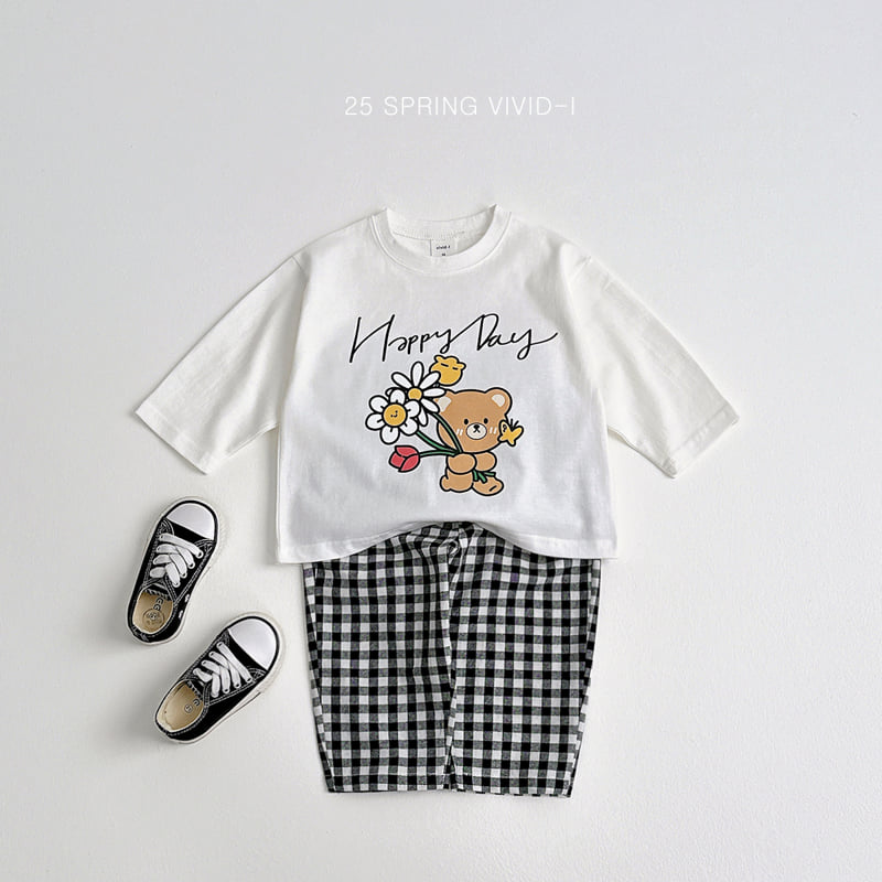 Vivid I - Korean Children Fashion - #magicofchildhood - Flower Bear Check Top Bottom Set - 9