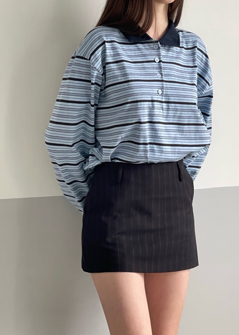 140 Avenue - Korean Women Fashion - #restrostyle - Blooming Stripe Collar Tee - 10