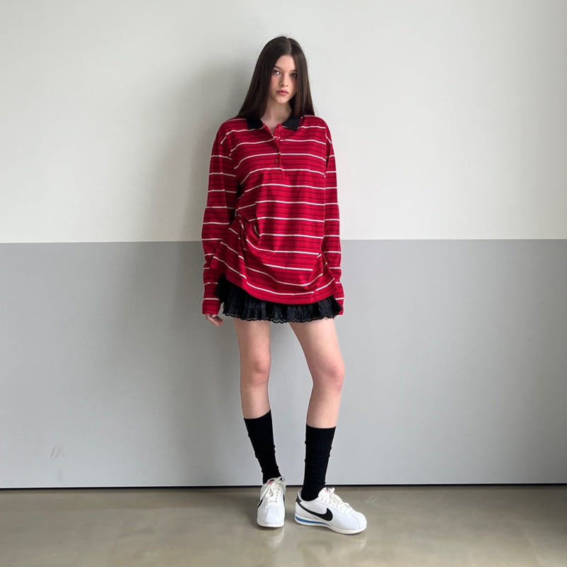 140 Avenue - Korean Women Fashion - #romanticstyle - Blooming Stripe Collar Tee - 11
