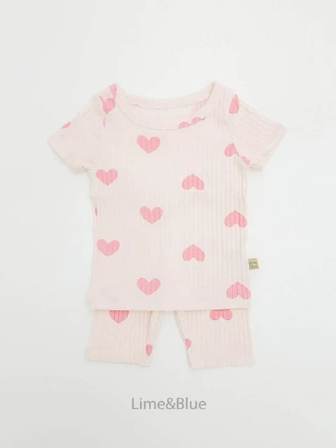 Modal Heart Rib Short Sleeve Top Bottom Set