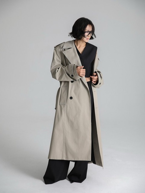 Padded Detail Oversized Double Breasted Trench Coat