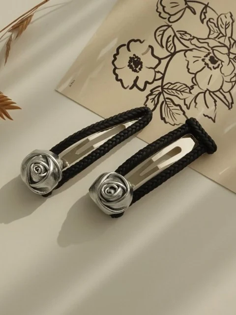 Black Braid Silver Rose Hairpin
