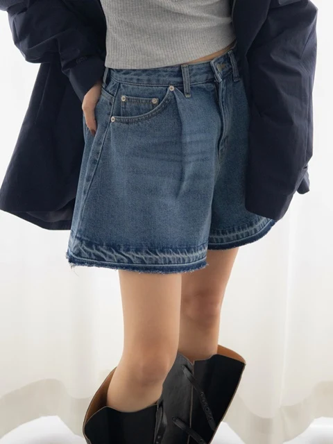 Unfinished Pintuck Flared Denim Shorts