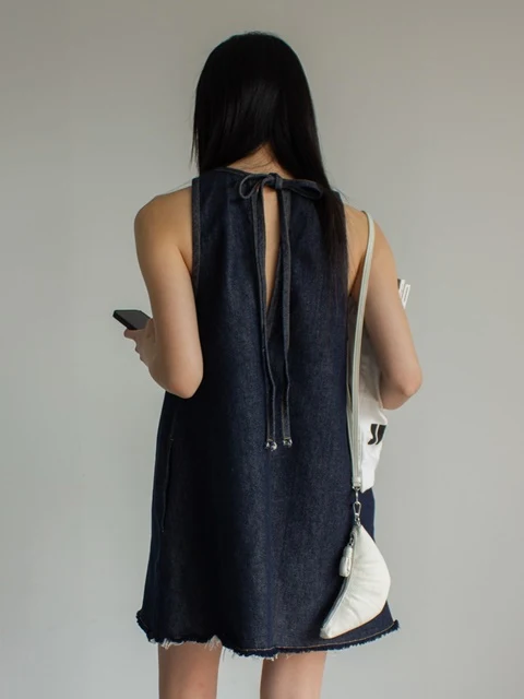 Fringe Detail Indigo Denim Mini Dress