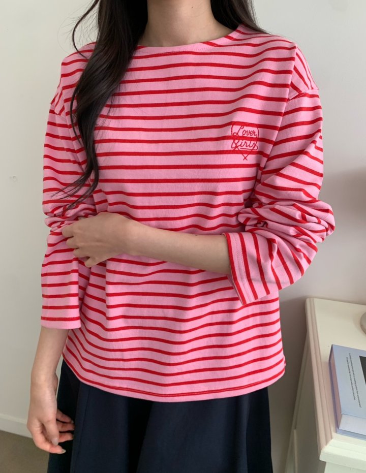 Allu - Korean Women Fashion - #momslook - Love Embroidery Stripe Tee - 10