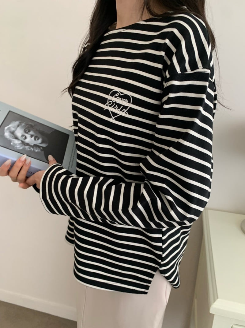Allu - Korean Women Fashion - #momslook - Love Embroidery Stripe Tee - 12