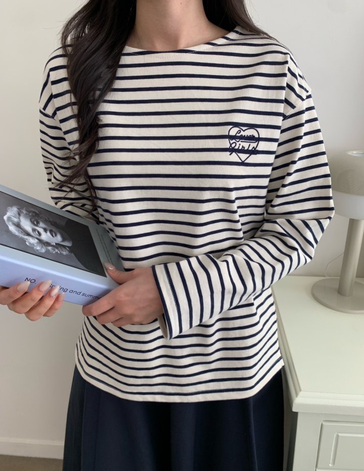 Allu - Korean Women Fashion - #momslook - Love Embroidery Stripe Tee - 2