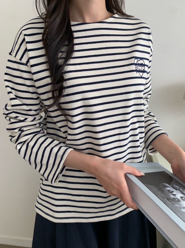 Allu - Korean Women Fashion - #womensfashion - Love Embroidery Stripe Tee - 4