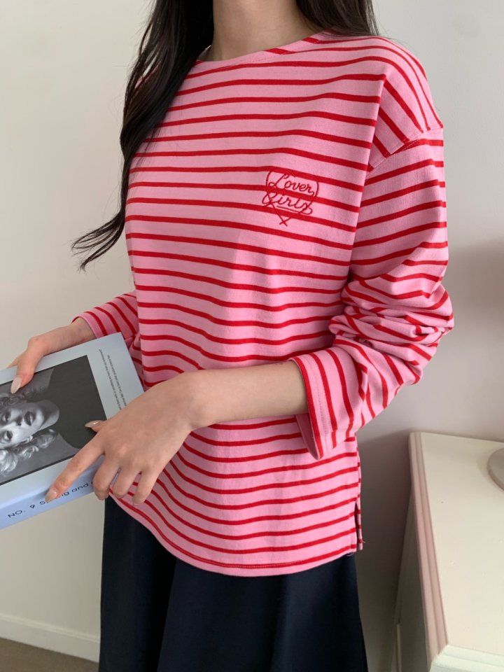 Allu - Korean Women Fashion - #momslook - Love Embroidery Stripe Tee - 6