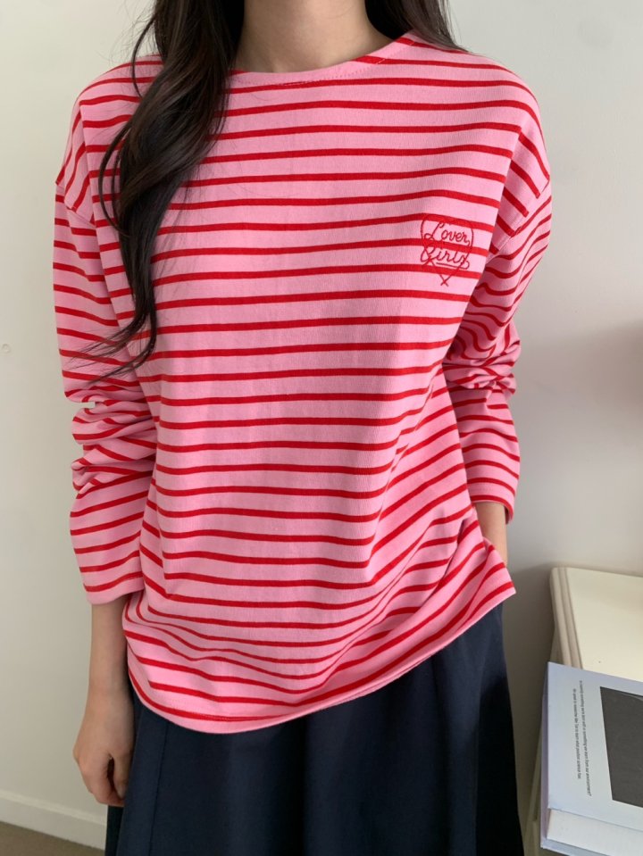 Allu - Korean Women Fashion - #momslook - Love Embroidery Stripe Tee - 8