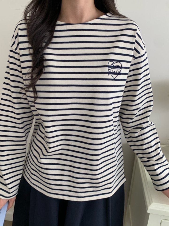Allu - Korean Women Fashion - #womensfashion - Love Embroidery Stripe Tee