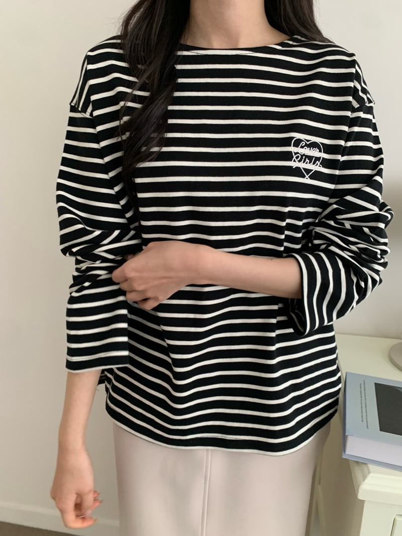 Allu - Korean Women Fashion - #womensfashion - Love Embroidery Stripe Tee - 11