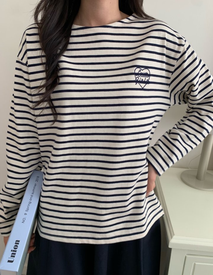 Allu - Korean Women Fashion - #womensfashion - Love Embroidery Stripe Tee - 3