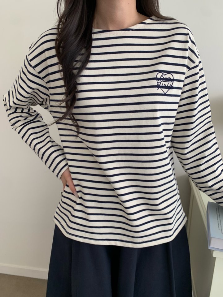 Allu - Korean Women Fashion - #womensfashion - Love Embroidery Stripe Tee - 5