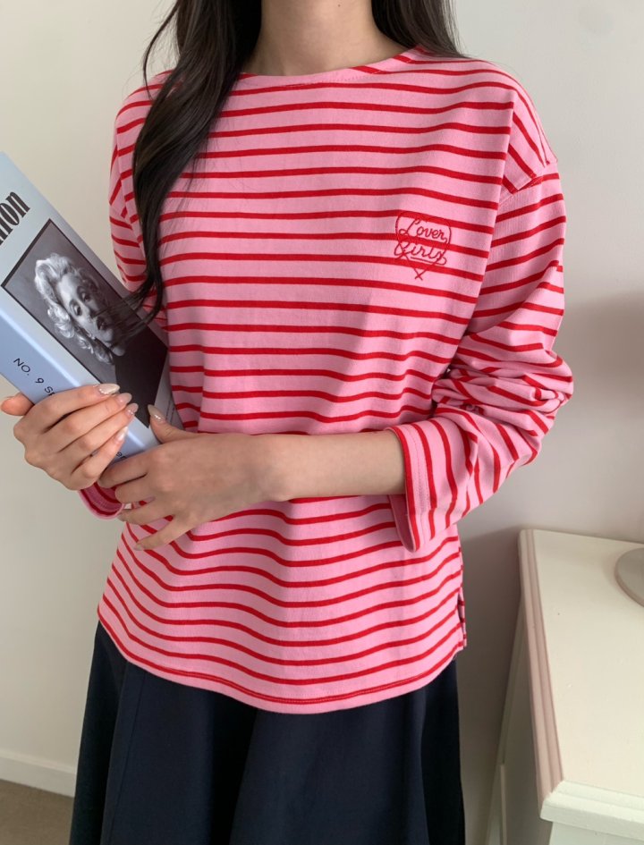 Allu - Korean Women Fashion - #womensfashion - Love Embroidery Stripe Tee - 7