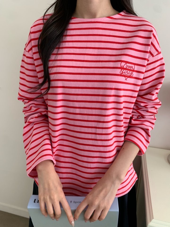 Allu - Korean Women Fashion - #womensfashion - Love Embroidery Stripe Tee - 9