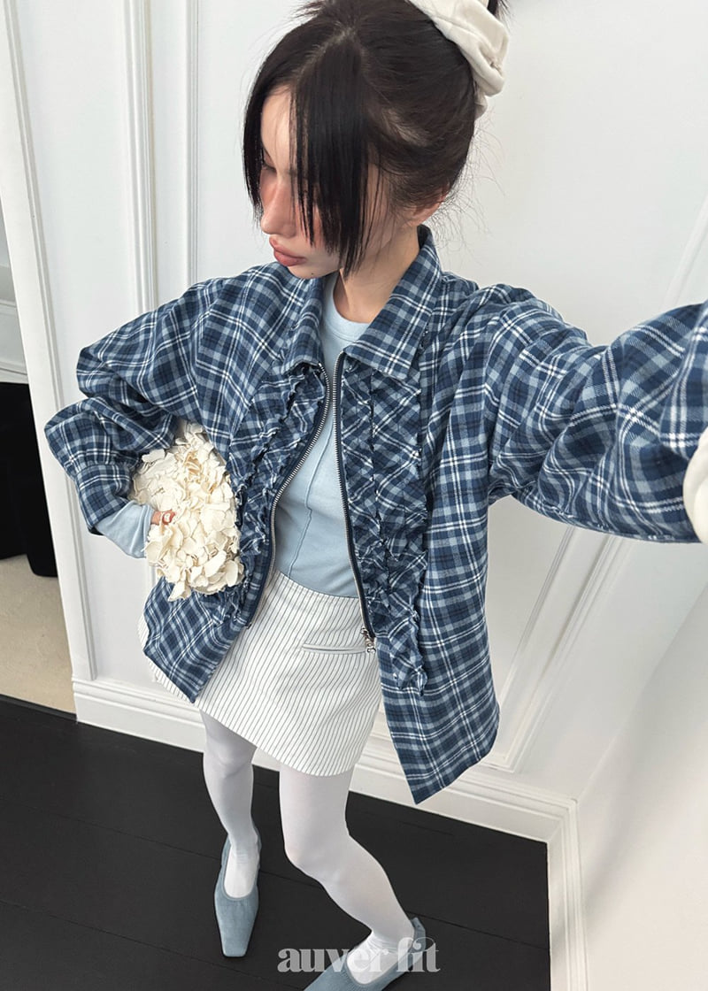 Auver_Fit - Korean Women Fashion - #momslook - Check Frill Half Open Shirt