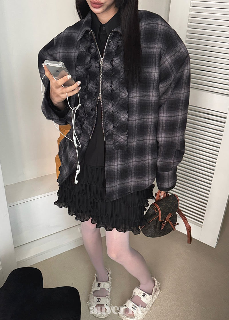 Auver_Fit - Korean Women Fashion - #momslook - Check Frill Half Open Shirt - 11