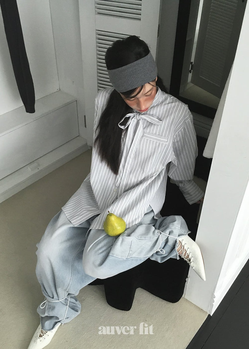 Auver_Fit - Korean Women Fashion - #momslook - Ribbon Stripe Shirt - 5