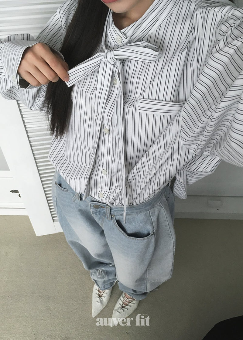 Auver_Fit - Korean Women Fashion - #thatsdarling - Ribbon Stripe Shirt - 4