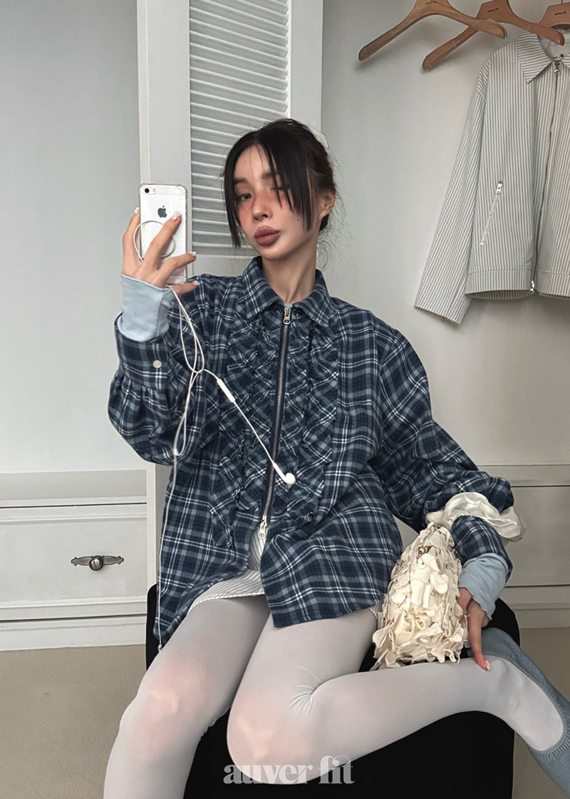 Auver_Fit - Korean Women Fashion - #womensfashion - Check Frill Half Open Shirt - 2